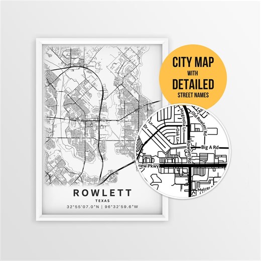 Printable Map of Rowlett, Texas, USA With Street Names - Instant Download \ City Map \ Travel Gift \ City Poster \ Road Map Print \ Wall Art - Etsy