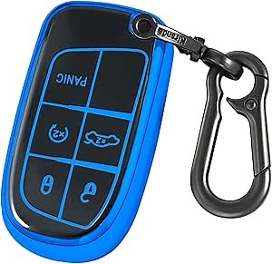 for Jeep Key Fob Cover with keychian,TPU Protection Key Case Compatible with RAM Grand Cherokee Renegade Chrysler Durango Journey Smart Remote Key(Blue,5 Button)