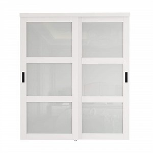 ARK DESIGN 72 in. x 80 in. 3-Lite Frosted Glass White Primed MDF Closet Sliding Door with Hardware and No Grooving Black Handles PR-SD-SG-DB-72