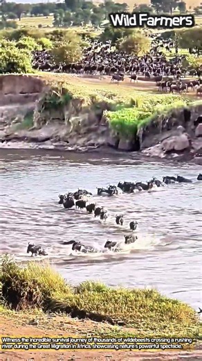 Thousands of Wildebeests Face the Rushing River #worker #process #survival #wild #action