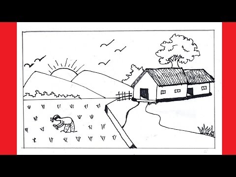 Paddy Field With Farmer Scenery drawing|Landscape scenery drawing