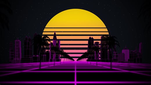 Stylized vintage 3D animation background with modern city, palm trees, sun and glowing stars. 80s retro futuristic sci-fi seamless loop | Premium Stock Video Footage
