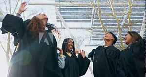 Graduate, group and school celebration with graduation cap throw and excited from university degree. College, friends and happy people together with achievement, motivation and education event