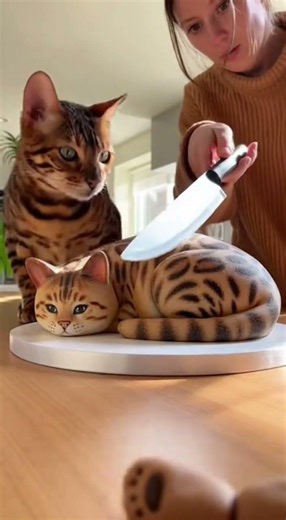 We cut a Bengal-shaped cat cake near a real Bengal cat — what happened next