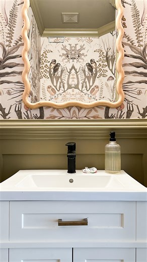 Sorry hun, the blue had to go… This blue powder room just got a major upgrade with @rebelwalls and now I think I’ll be sleeping in here 🥲 Sometimes a little pattern goes a long way and this is no exception. “The Swedish Forrest” in white completely transformed this space from drab to fab and let me tell you, it was SO easy to install. I’ve only ever used peel and stick wallpaper so I was really nervous but the quality of this paper was SO good that the process was just so simple. If you’re look