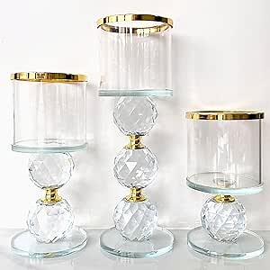 Glass Candle Holders Set of 3,Gold Pillar Candlestick,Crystal Candle Holder for Table Centerpiece Wedding Home Decor