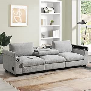 Oversized Modular Loveseat Sectional Sofa - Extra Wide Deep Seat Chenille Cloud Couch with Built-in Speaker, Drop Down Table,Cup Holders,USB Charger,Storage Armrest for Living Room,Apartment