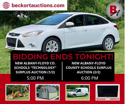 The New Albany-Floyd County Schools Surplus Online Only Auctions are ending tonight! Bidding on technology ends at 5:00 PM. Bidding on vehicles, equipment, tools, lawn & garden, food service, school/office furniture, etc., ends at 6:00 PM. Place your bids before it is too late! https://www.beckortauctions.com/ | Beckort Auctions, LLC | Facebook