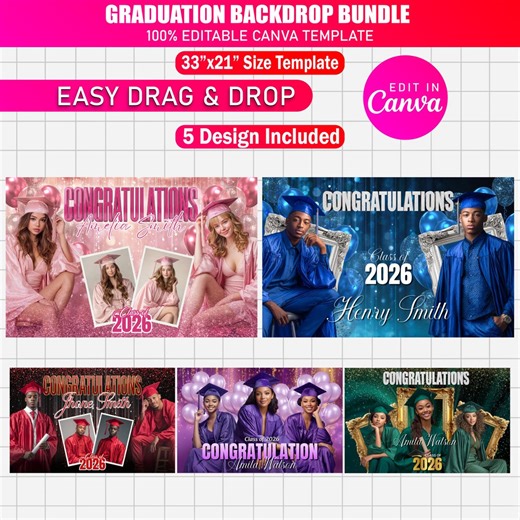 5x Graduation Backdrop Bundle | Editable Graduate Backdrops | Canva Grad Party Decor | Class of 2026 Backdrop | Custom Graduation Background - Etsy