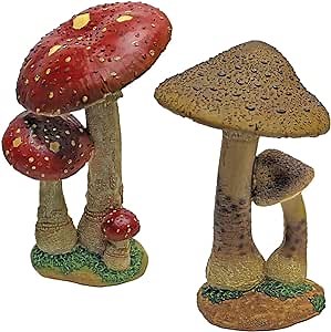 Mushroom Garden Statue - Red & Tan Mystic Forest Mushroom Statue - Garden Statue