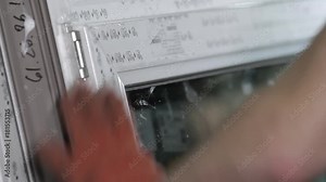 Worker fixes the glazing bead in the plastic window. Manual worker assembling PVC doors and windows. Factory for PVC windows and doors production. Workers in workshop. Production of plastic windows.