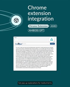 Hey there, medical students! 🩵 Want to make the most of your study time? AMBOSS's Integrations are here to help! • Anki add-on: Get definitions for unfamiliar terms, find relevant content reviews, and get flashcard suggestions based on what you're learning. • Chrome extension: Click on unknown medical terms online and instantly get a definition from our library! • AMBOSSGPT: Tap into AI power for trustworthy answers with direct reference to our library. Limited offer: Full access to all tools u