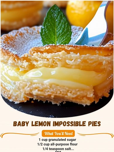 Light, fluffy, Crunchy and incredibly irresistible! This Baby Lemon Impossible Pie bakes up with a top crust, a bottom crust, and a glossy lemon filling that looks like pure magic. 🍋🌰 One batter. Three textures. Zero explanation… unless you’ve got my recipe. 😉 #LemonImpossiblePies #MiniLemonDesserts #CitrusCustardDelight | Easy Trending Recipes
