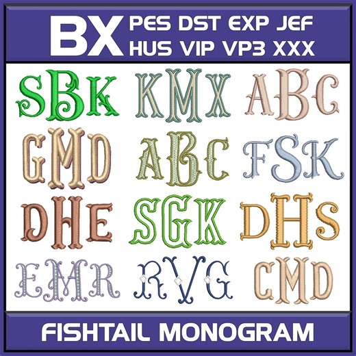 BX Embroidery Fishtail Monogram Fonts : 12 Machine Embroidery Designs Brother PES - Etsy