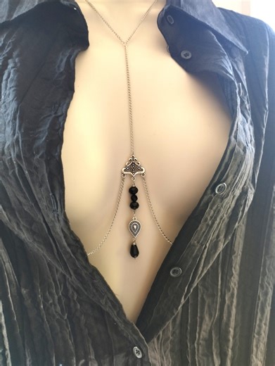 Black Crystal Nipple Chain Necklace: Stainless Steel Non Piercing Body Jewelry - Etsy