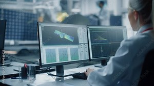 Female Engineer uses Computer to Analyse Satellite, Calculate Orbital Trajectory Tracking. Aerospace Agency International Space Mission: Scientists Working on Spacecraft Construction. Over Shoulder