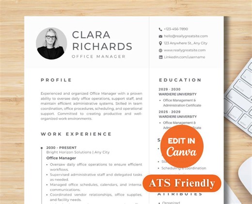 Office Manager Resume Template Canva With Cover Letter 1 Page CV   2 Page Resume Job Application Minimalist Professional Office Resume - Etsy Canada
