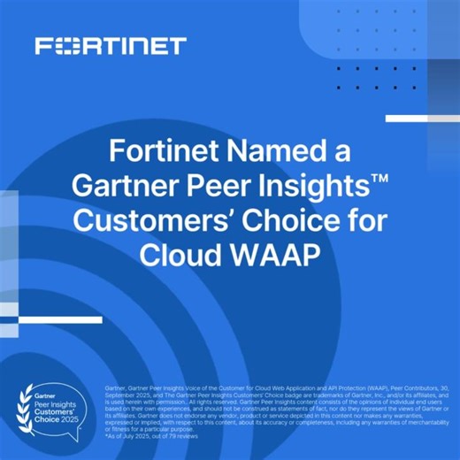  We’re honored! Fortinet #WebApplicationSecurity has been named a 2025 Gartner Peer Insights™ Customers’ Choice for #CloudWAAP, earning a 4.8/5 rating and 99% willingness to recommend score!  See why we believe organizations choose Fortinet: https://ftnt.net/6187AsnPd | Fortinet | Facebook