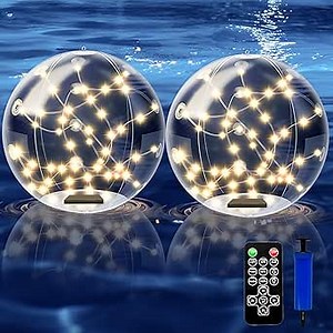 Solar Pool Balls14" 2PCS – Inflatable Solar Powered Pool Lights with Remote, 4 Modes (Auto/Flash/Breathe/Steady), Warm White Glow, Floating Pool Lights Solar Powered IP68 for Hot Tub, Pool, Garden