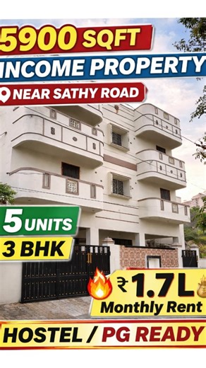 Madesh Real Estate on Instagram: "🔥 Premium Income Property for Sale – Sathy Road, Coimbatore 🔥 🏡 Land Area: 40×60 | 5.5 Cents 🏢 Built-up Area: 5900 Sq.Ft (New Building) 🛏️ Configuration: 5 Units of Spacious 3 Bedroom Houses 🧭 Facing: East Facing 🚗 Parking: Dedicated Parking Area 🛣️ Road: 30 Ft Wide Road 💧 Water: Borewell ⚡ EB Connection: 6 EB Services 🏢 Extra: Office Space Available 📍 Prime Location Advantages: ✔️ Very Near to Sathy Road ✔️ Close to KMC Hospital ✔️ Near Tanny Shelter
