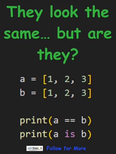 Python Beginner Mistake #21 This Python mistake confuses EVERY beginner 😅 They look the same… but Python disagrees! == checks value is checks object identity #python #learnpython #pythonbeginner #pythonmistakes #codingtips #debugging #100daysofcode #programming #pythontips