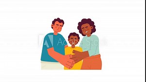 Diverse parents hugging with smiling son 2D characters animation. Mom, dad bonding with child flat cartoon 4K video, transparent alpha channel. Two parents kid animated people on white background