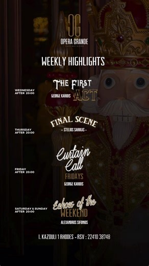 Christmas season begins at @operagranderhode! Our weekly highlights are here. ✨🎄 The lights glow brighter, the music gets warmer. This week’s performances await after 20:00. 📍 I. Kazouli 1, Rhodes 📞 Reservations: 22410 38748 #opera #operagrande #Rhodes