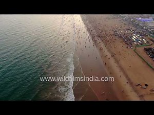 Top aerial view of Puri Beach waves and people: Magical evening in Odisha