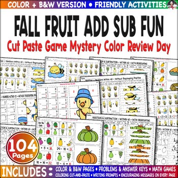Cut Paste Game Mystery Color Fall Fruit Add Sub Review Day Math Fun Activity .