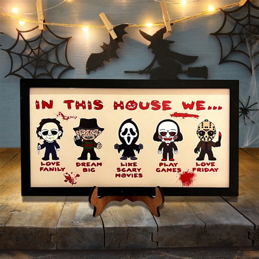 Halloween Spooky Horror Characters Sign,horror Movie Characters,house of Horrors Sign Frame,in This House We Halloween Decor Gift - Etsy