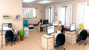 3D animated team of staff or employees working on computer while sitting on desk in the office