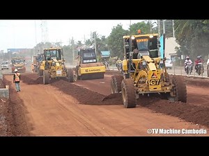 Powerfull motor grader with driving skill grading road សកម្មភាពធ្វើគ្រឹះផ្លូវជំនាញណាស់