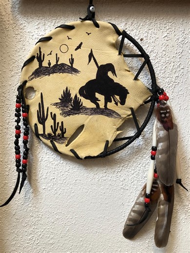 Native American Style Small Leather Spirit Shield With Feathers and Beads and Ink Images - Etsy
