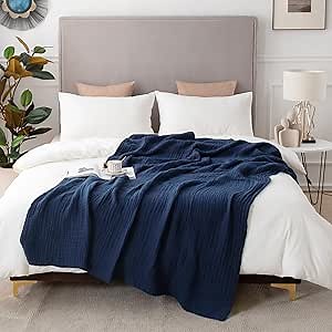 EMME Cotton Muslin Blanket King Size - Soft, Breathable Layering Blanket, 108"x90", All Season Gauze, Navy