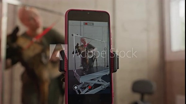 Dog being groomed on table while process is recorded on smartphone, with focus on phone capturing dog and groomer in professional setting