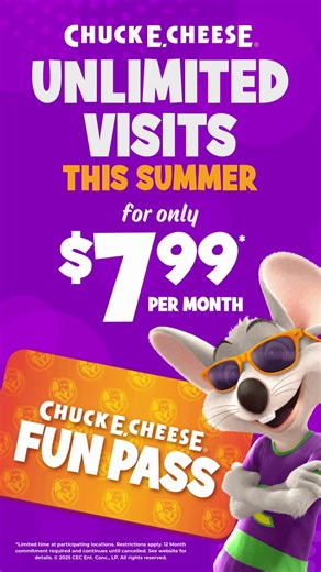 Summer just got even sweeter! 💜☀️ Score unlimited visits, gameplay, discounts on food & more for the whole family, for only $7.99 per month. | Chuck E. Cheese