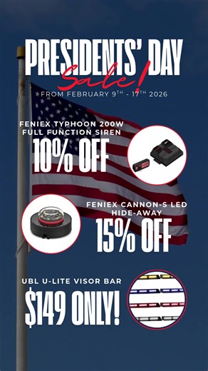 🚨 Presidents’ Day Sale is LIVE 🇺🇸 Upgrade your sirens & warning lights before Feb 17 — prices go UP after. 👉 Link in bio to save now ⏳ Don’t miss it! #ultrabrightlightz