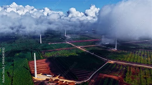 Aerial overview of wind farm construction site with tall turbine towers amid green fields forests roads and drifting clouds over Latvian countryside