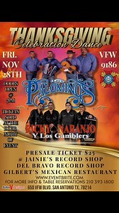 🦃 THANKSGIVING CELEBRATION DANCE! 🦃 San Antonio, get ready for an unforgettable night of puro conjunto y Tejano vibes! 🔥 LIVE on Friday, November 28th Featuring: 🎶 Los Palominos 🎶 Ricky Naranjo y Los Gamblers 📍 VFW Post 9186 ⏰ Doors open at 7 PM 💃🕺 Dance from 8 PM – 12 AM 🥃 Bring your own liquor bottle 🍺 Beer will be sold 🎟️ Presale Tickets: $25 Available at: • Janie’s Record Shop • Del Bravo Record Shop • Gilbert’s Mexican Restaurant • Eventbrite.com 💥 Tickets also sold at the door 