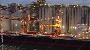 Loading grain into holds of sea cargo vessel through an automatic line in seaport from silos of grain storage. Bunkering of dry cargo ship with grain