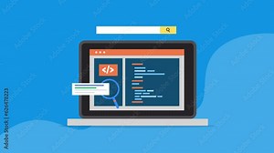 SEO on-page web development coding and programming on laptop screen, structured data, website architecture and search indexing concept. SEO video animation.