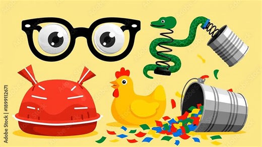 Funny Prank Objects Collection with Snake in Can and Googly Eyes Glasses. April Fools day