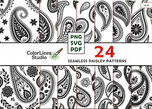 24 Seamless Paisley Ethnic Patterns | Black and White Vector | Mandala Boho SVG PNG PDF | Instant Download - Etsy