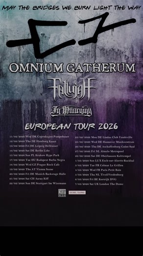 Omnium Gatherum on Instagram: "Europe, are you ready?⁠ ⁠ The “May The Bridges We Burn Light The Way” Tour is coming in hot this February and March with Omnium Gatherum, Fallujah, and In Mourning.⁠ Three brilliant bands, one unforgettable night of metal. 🤘⁠ ⁠ Don’t miss your chance to be part of this journey. Grab your tickets now and prepare for an evening of intensity, melody, and headbanging unity.⁠ Get your tickets now at omniumgatherum.org/tour⁠ ⁠ Tour dates:⁠ 11/02 🇩🇰 Copenhagen – Pumpeh