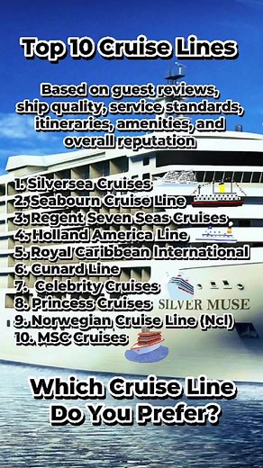 Discover the world with the top 10 cruise lines! From the ultra-luxurious Silversea Cruises and Seabourn to the all-inclusive elegance of Regent Seven Seas, these lines redefine cruising. Holland America and Cunard offer classic, refined voyages, while Royal Caribbean and Norwegian bring excitement and innovation to the seas. Celebrity and Princess cater to those seeking upscale experiences with modern touches. MSC Cruises rounds out the list with European flair and family-friendly vibes. Whethe