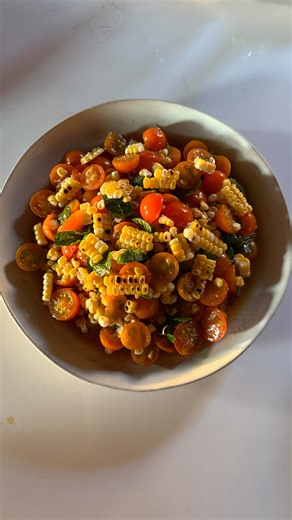 they say slurping your salad with a spoon is a sign of appreciation and respect — tamarind date chutney so versatile it was perfect to make into a sweet spicy tangy vinaigrette for this tomato corn mint salad full recipes for both (chutney and salad with vinaigrette) on rootedinspice.substack.com | RootedinSpice