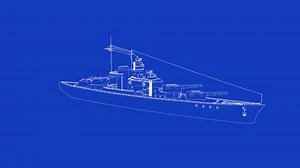 3d animation of a WW2 battleship blueprint rotating and loopable