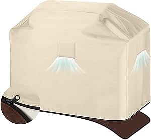 HDCAXKJ Grill Cover Waterproof BBQ Gas Cover for Outdoor Barbecue Anti-UV Sun Patio Grill Covers with Zipper Fade Resistant Outside Burner Barbecue Covering (60" L x 26" W x 55" H, Beige & Brown)