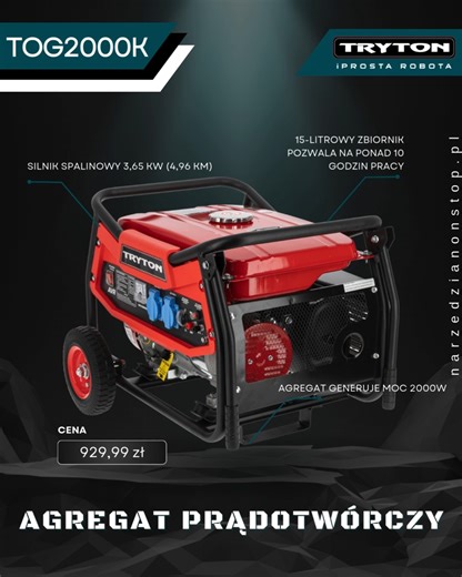 🔌 PROFESJONALNY AGREGAT PRĄDOTWÓRCZY TRYTON TOG2000K – 2000W MOCY, NA KTÓREJ MOŻESZ POLEGAĆ! 💪⚡ Potrzebujesz pewnego źródła energii na budowie, działce, w garażu lub podczas awarii prądu? TRYTON TOG2000K to agregat, który NIE zawodzi. Mocny silnik, stabilne napięcie AVR i ponad 10 godzin pracy na jednym tankowaniu – to sprzęt, który sprosta każdemu zadaniu. ⭐ Najważniejsze zalety: 🔹 2000W mocy znamionowej – stabilne zasilanie narzędzi, oświetlenia i elektroniki 🔹 Silnik 3,65 kW (4,96 KM) – p