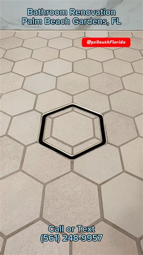 Pereira Construction South FL on Instagram: "This bathroom renovation we recently completed in Palm Beach Gardens is as part of a whole home renovation. The homeowner is very happy with their new bathroom. Check out the @ebbeamerica_shower_drain hex tile drain! 😊 If you’re planning a renovation project and are looking for an honest contractor - one that will not cut corners - call or text (561) 248-9857. Pereira Construction of South FL, Inc. Licensed and Insured CGC1514600 #pereiraconstruction